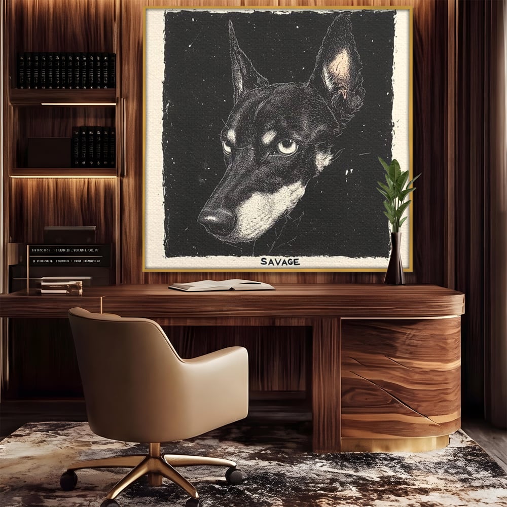 Tablou canvas cu tablou canvas cu portret de caine, in rama de aluminiu auriu, pe perete intr-un birou
